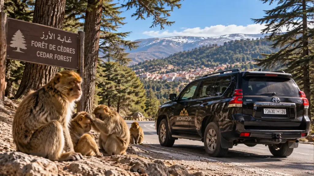 Barbary macaques in the cedar forest near Azrou on the route to Fes