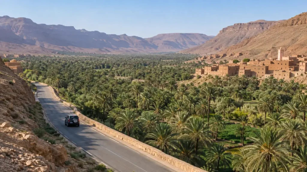 Private 4x4 traveling through the palm groves of Morocco’s Draa Valley