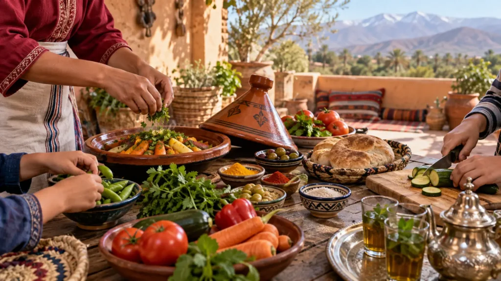 Private Berber cooking class in Marrakech with tagine, fresh vegetables, Moroccan spices, bread, and mint tea