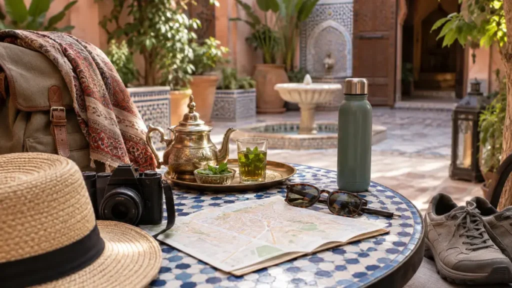 Marrakech walking tour tips with map, mint tea, water bottle and comfortable shoes
