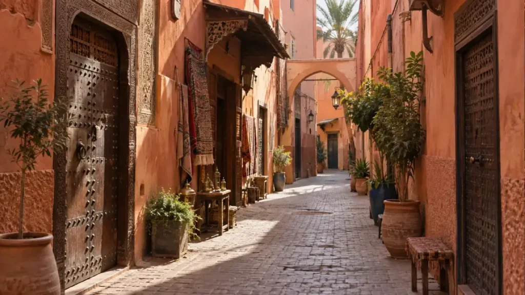 Marrakech medina walking route with terracotta lanes, carved doors and souk details