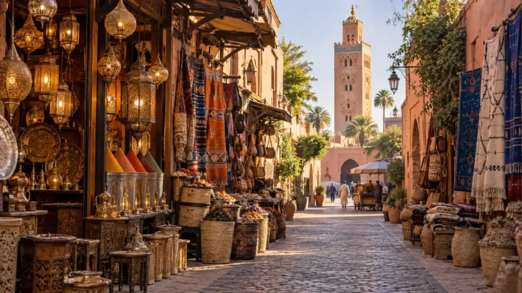 Marrakech souks and landmarks on a walking tour with lanterns, spices and Koutoubia view