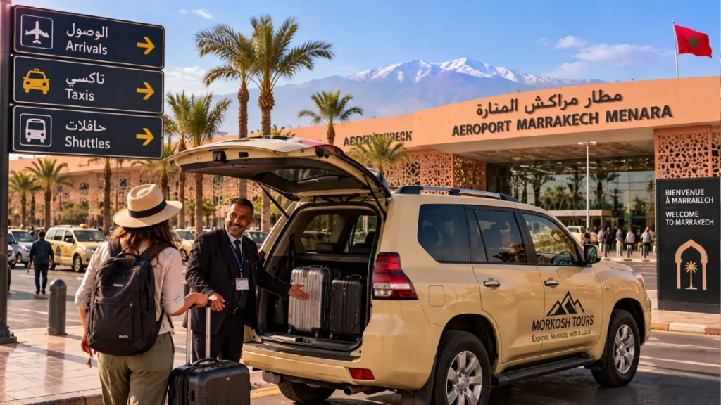 Private Marrakech airport transfer with Morkosh Tours vehicle outside Marrakech Menara Airport