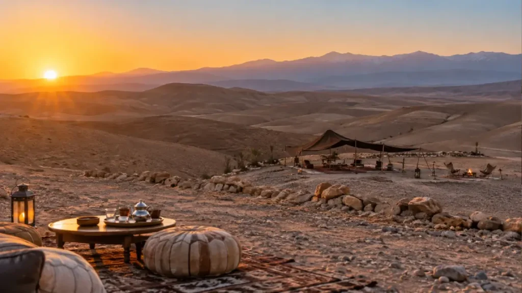Agafay Desert excursion from Marrakech with sunset camp and Atlas Mountains view