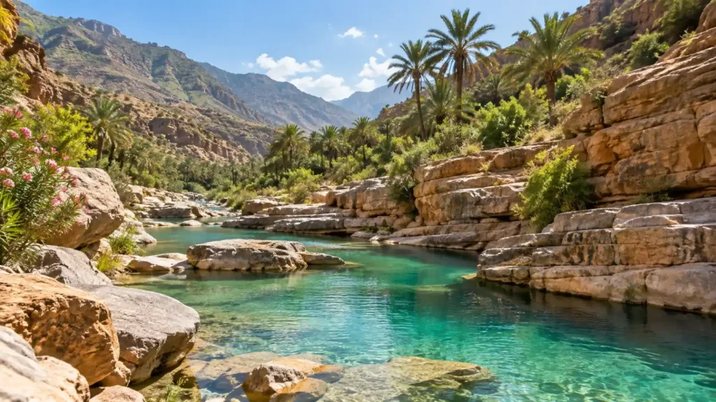 Paradise Valley near Agadir with natural rock pools, palm trees, canyon scenery, and clear turquoise water
