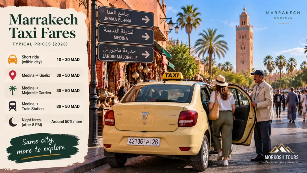 Typical Marrakech taxi fares for short rides, Gueliz, Majorelle and the train station