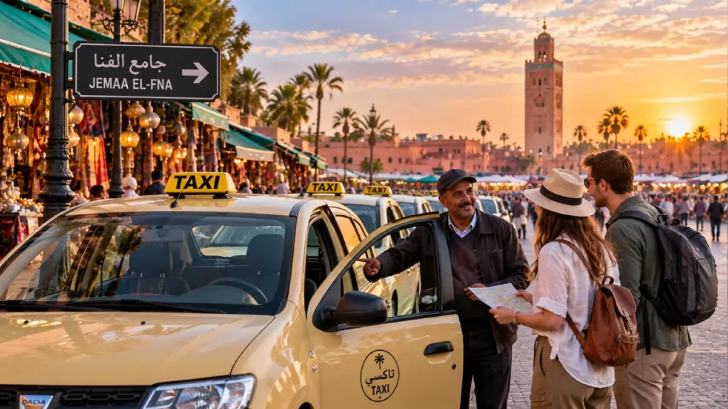 Tourists speaking with a Marrakech petit taxi driver near Jemaa el-Fna at sunset. Marrakech Taxi Prices.