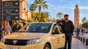 Marrakech taxi driver beside a beige petit taxi in central Marrakech