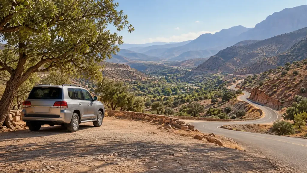 Private 4x4 on the scenic road from Marrakech toward Paradise Valley with argan trees and mountain views.. Marrakech to Paradise Valley Day Trip