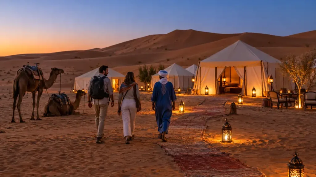 Travelers arriving at a Merzouga desert camp during a private Morocco tour