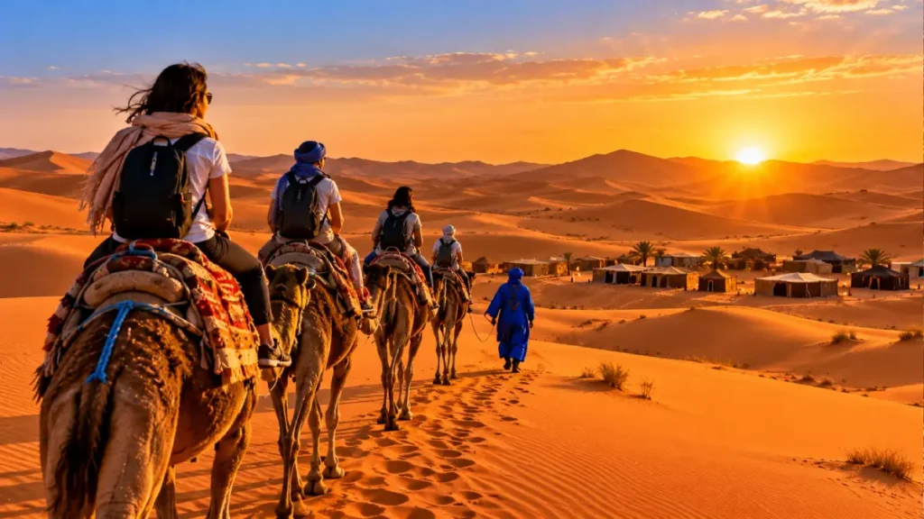 Camel trek across Erg Chebbi dunes on a Marrakech to Fes desert tour