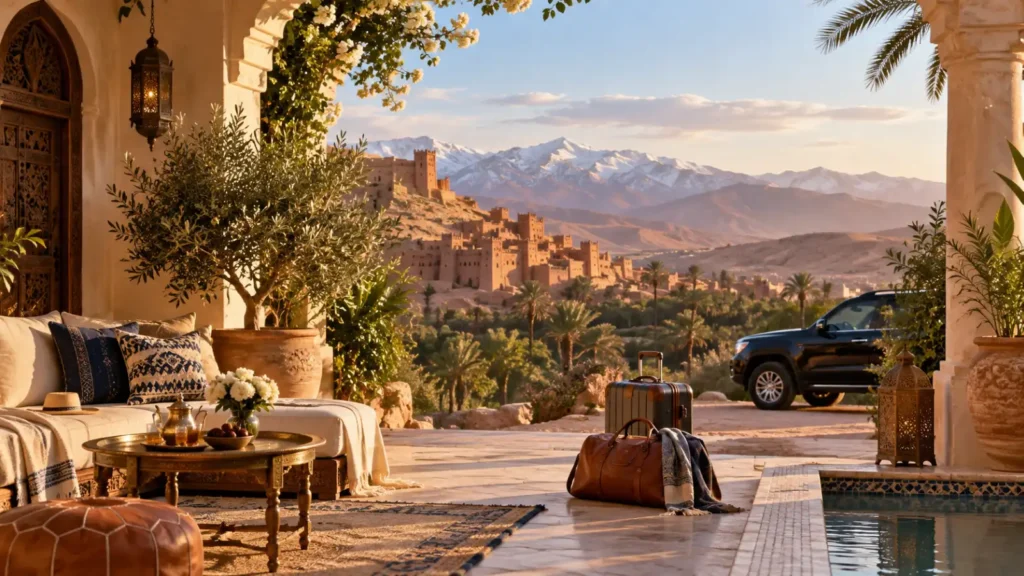 Private Morocco tour packages from USA with riad terrace, Atlas Mountains, kasbah, and travel luggage