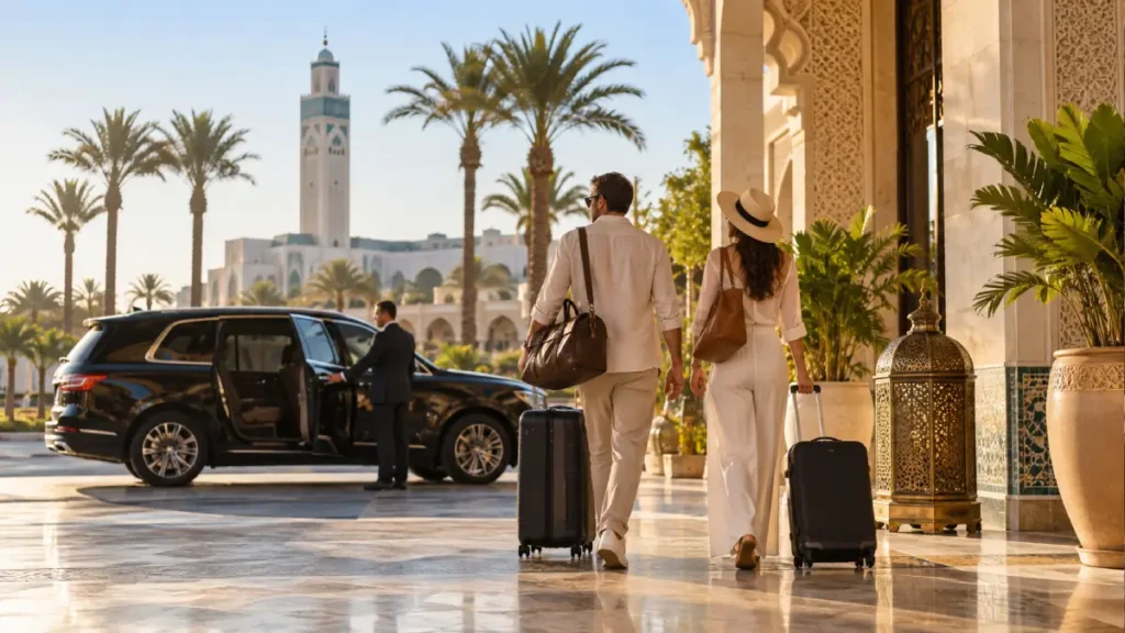 Private Morocco tour packages from USA arrival in Casablanca with luggage, driver, Moroccan architecture, and Hassan II Mosque in the background