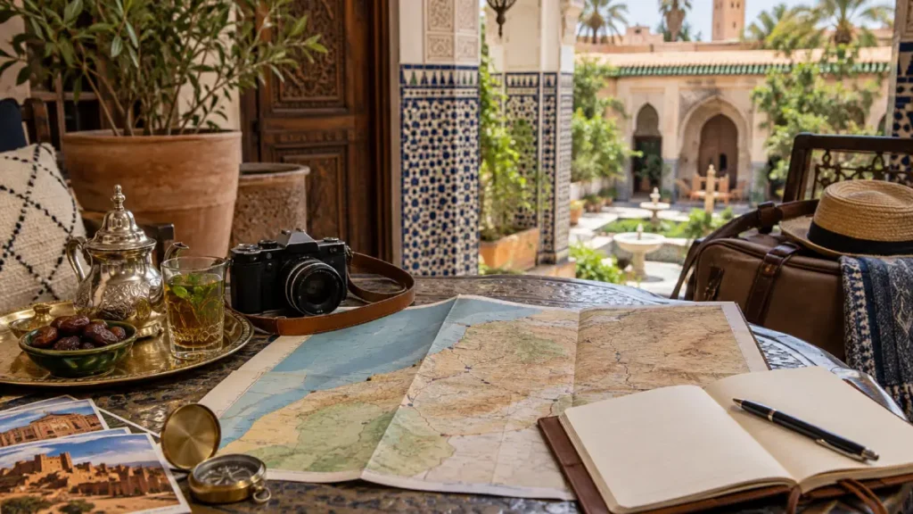 Morocco itinerary planning with map, notebook, camera, mint tea, and riad courtyard for a custom private tour