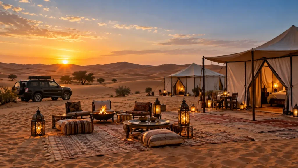 Private Morocco desert camp at sunset with Sahara dunes, lanterns, tents, and 4x4 vehicle