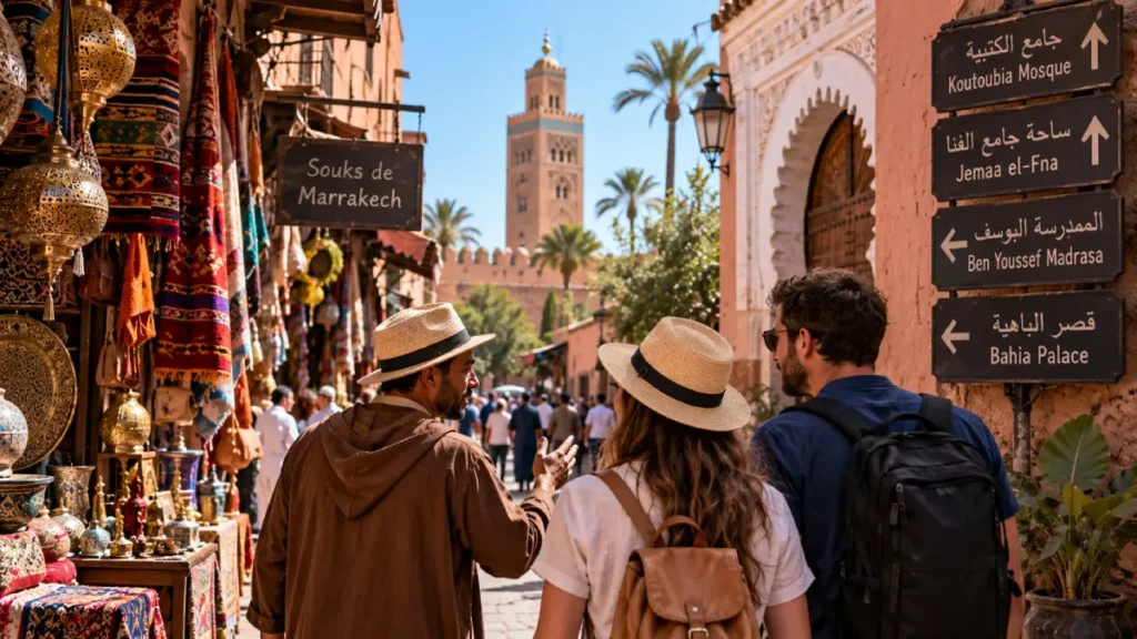 Local guide showing travelers the Marrakech Medina near the souks and main historic sights
