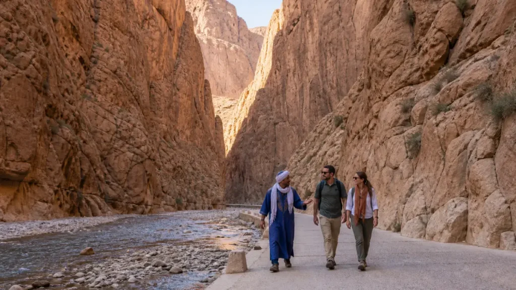 Travelers exploring Todra Gorge during a private Morocco desert tour