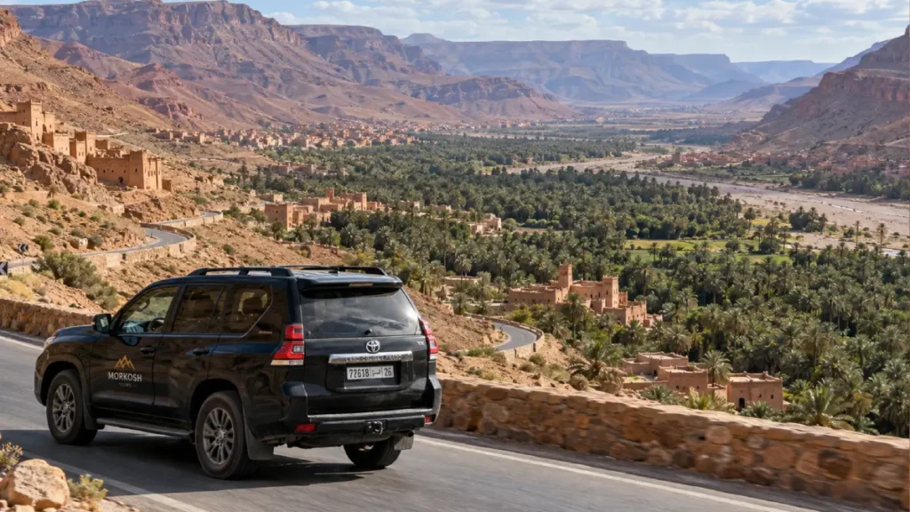 Black Toyota Prado TX driving through the Ziz Valley on a Marrakech to Fes tour