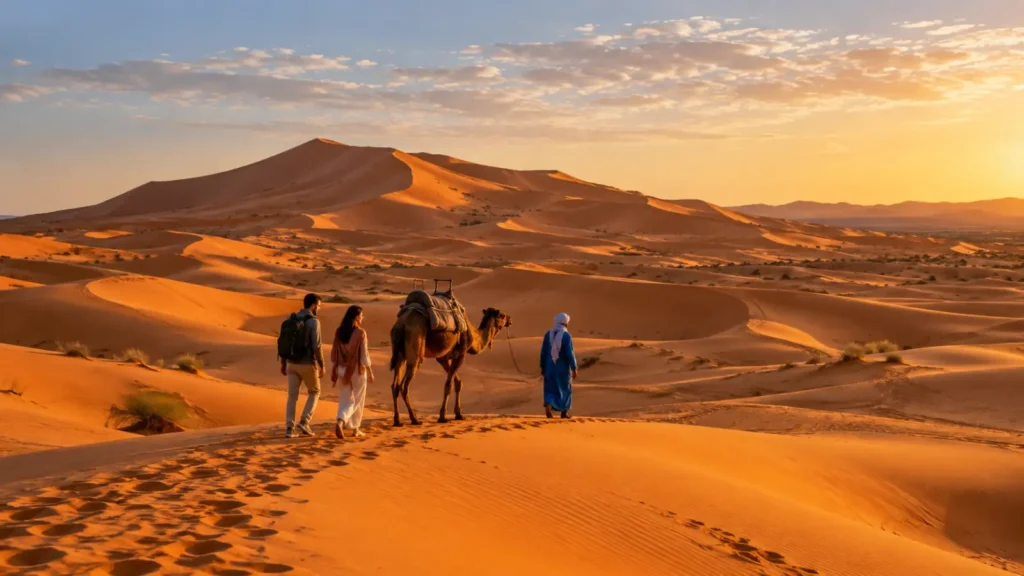 Private Morocco tour travelers and camel at sunset in Erg Chebbi near Merzouga