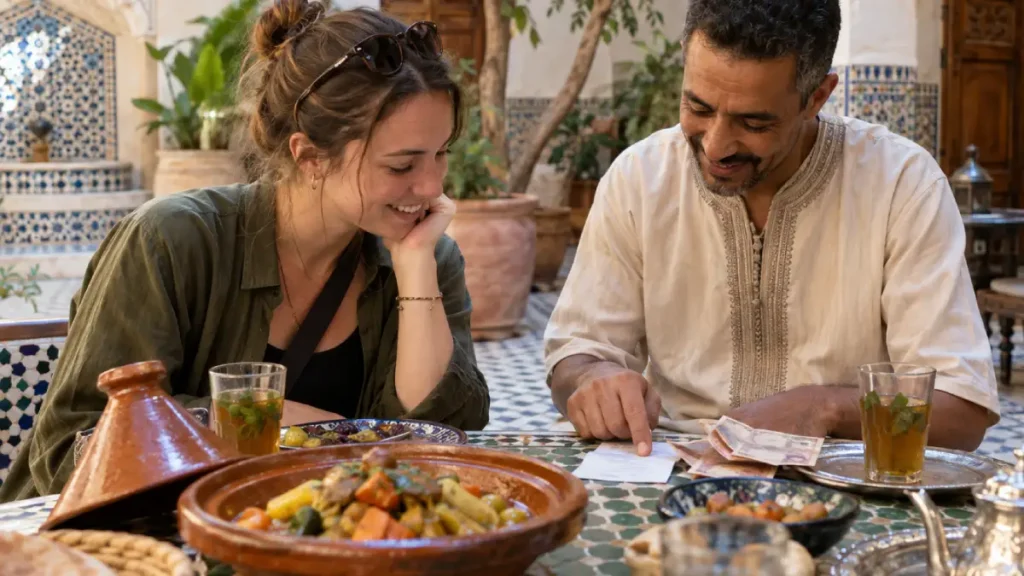 Morocco trip cost planning as a traveler reviews a meal bill with a local host at a riad