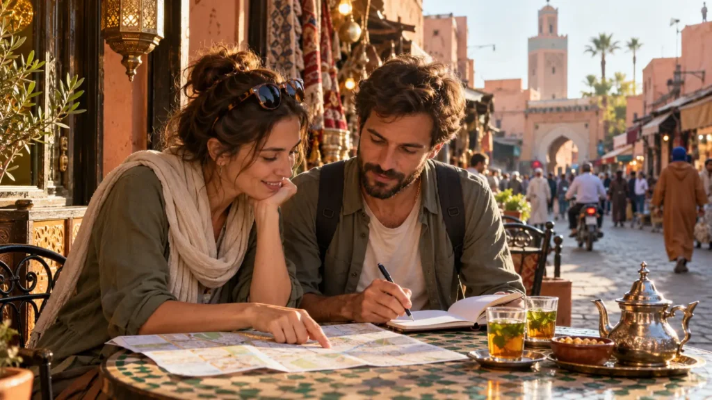 Travelers reviewing a Morocco itinerary and budget at a Marrakech café