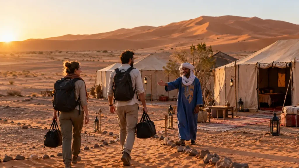 Travelers arriving at a desert camp beside the dunes in Morocco