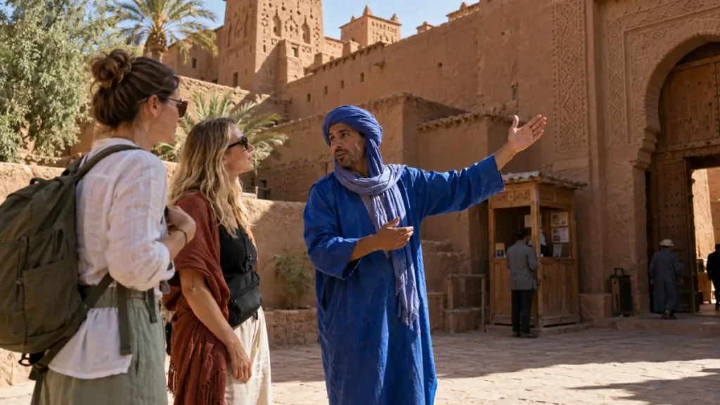 Two travelers listen to a local guide at a historic Moroccan kasbah