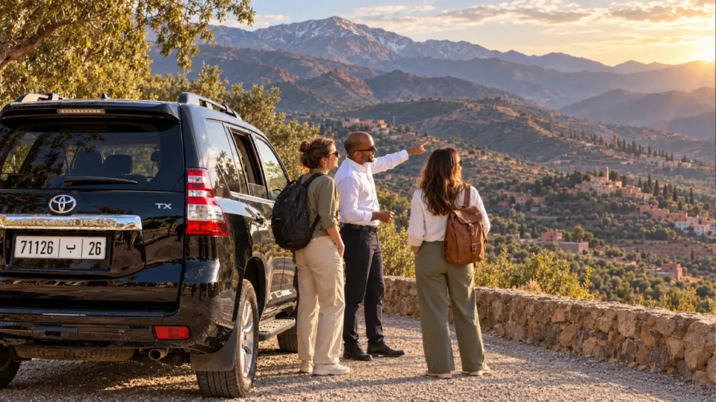 Private driver shows two women travelers the Atlas Mountains beside a Toyota Prado TX
