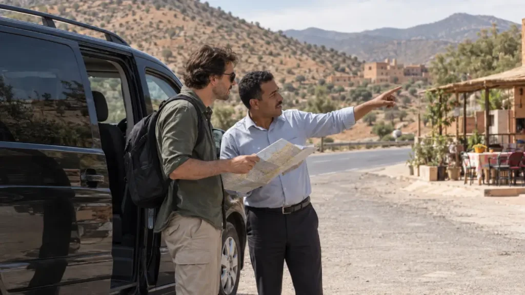 Private driver discussing a Morocco route with a traveler